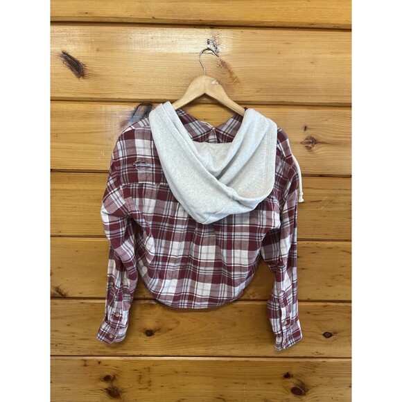 American Eagle Womens Long Sleeve Button Down Hooded Flannel Distressed XS - Picture 4 of 6